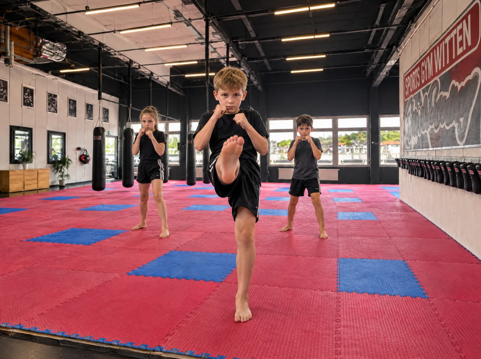 Junge beim Front Kick im Kindertraining des Sports Gym Witten, zwei weitere Kinder in Kampfstellung dahinter